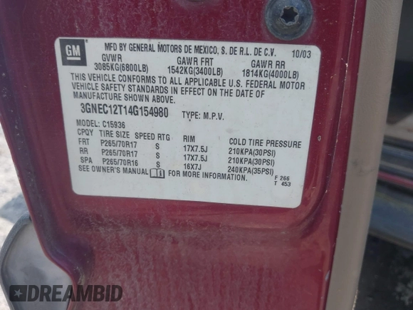 2004 Chevrolet Avalanche Z66 z VIN 3GNEC12T14G154980, wystawiony jako IAAI lot #42739937 z przebiegiem Nie podano mil oraz . Historia ofert i sprzedaży dostępna na DreamBid. Obrazek 9.