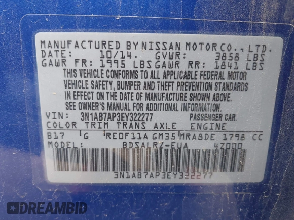 2014 Nissan Sentra SV with VIN 3N1AB7AP3EY322277, listed as a IAAI auction lot 41434612 with 124,668 mi miles and . Bid and sale history available at DreamBid. Image 9.