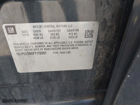 2015 Chevrolet Cruze LT with VIN 1G1PC5SB6F7172091, listed as a IAAI auction lot 41763186 with 118,518 mi miles. Bid and sale history available at carsss.com. Image 9.