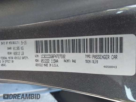 2015 Chrysler 200 S with VIN 1C3CCCDG6FN727592, listed as a IAAI auction lot 41769446 with 27,542 mi miles. Bid and sale history available at carsss.com. Image 9.