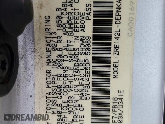 2013 Toyota Corolla L with VIN 5YFBU4EE5DP150089, listed as a Copart auction lot 54945625 with 210,027 mi miles and Salvage Title. Bid and sale history available at DreamBid. Image 12.