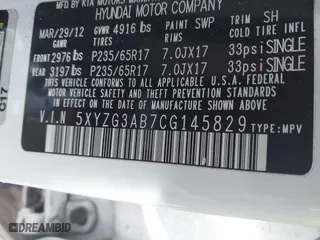 2012 Hyundai Santa Fe GLS with VIN 5XYZG3AB7CG145829, listed as a IAAI auction lot 41768390 with 143,972 mi miles. Bid and sale history available at carsss.com. Image 9.