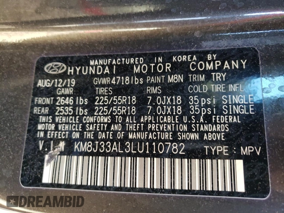 2020 Hyundai Tucson Sport with VIN KM8J33AL3LU110782, listed as a Copart auction lot 87068294 with 24,782 mi miles and Salvage title. Bid and sale history available at DreamBid. Image 14.