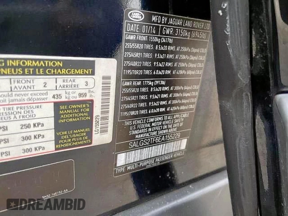 2014 Land Rover Range Rover Supercharged with VIN SALGS2TF6EA155229, listed as a Copart auction lot 57189225 with 95,369 mi miles and Salvage Title. Bid and sale history available at DreamBid. Image 10.