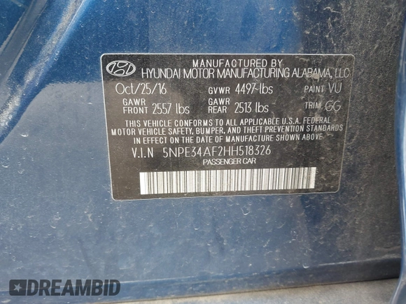 2017 Hyundai Sonata Sport with VIN 5NPE34AF2HH518326, listed as a IAAI auction lot 42060248 with 137,644 mi miles and . Bid and sale history available at DreamBid. Image 9.