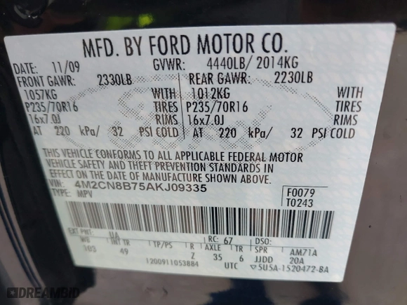 2010 Mercury Mariner with VIN 4M2CN8B75AKJ09335, listed as a IAAI auction lot 41279542 with 258,035 mi miles. Bid and sale history available at carsss.com. Image 9.