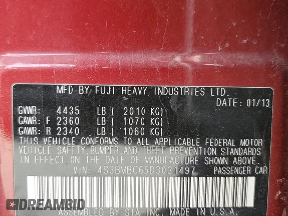 2013 Subaru Legacy Premium with VIN 4S3BMBC65D3031497, listed as a Copart auction lot 58414775 with 89,459 mi miles and Salvage title. Bid and sale history available at DreamBid. Image 12.