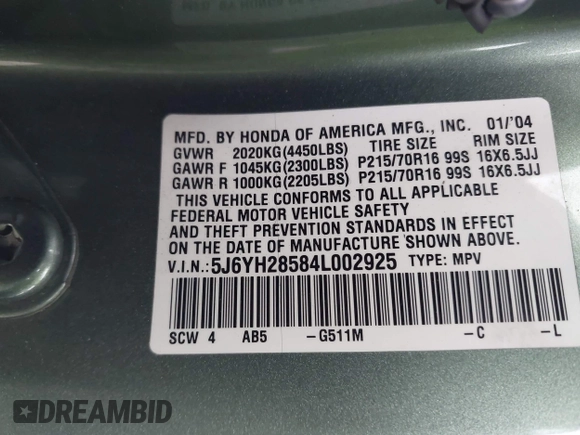 2004 Honda Element EX with VIN 5J6YH28584L002925, listed as a IAAI auction lot 42025715 with 176,249 mi miles and . Bid and sale history available at DreamBid. Image 9.