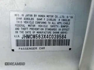 2004 Honda Accord LX z VIN JHMCM563X4C039584, wystawiony jako Copart lot #56711435 z przebiegiem 188 011 mil mil oraz Szkoda całkowita • Salvage title. Historia ofert i sprzedaży dostępna na DreamBid. Obrazek 13.