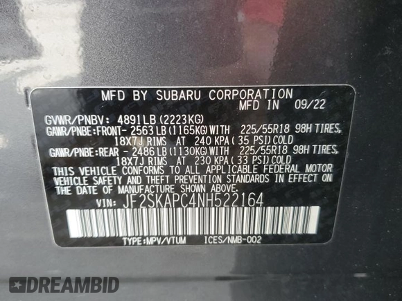 2022 Subaru Forester Limited with VIN JF2SKAPC4NH522164, listed as a Copart auction lot 49069665 with 24,367 mi miles and Salvage Title. Bid and sale history available at carsss.com. Image 13.