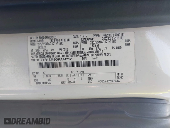 2016 Ford Transit Cargo с VIN 1FTYR1ZM9GKA44212, выставлен на аукционе IAAI как лот 42658023 с пробегом 302 509 миль миль и . История ставок и продаж доступна на DreamBid. Изображение 9.