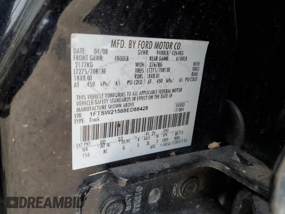 2008 Ford Super Duty F-250 SRW XL with VIN 1FTSW21588ED88428, listed as a Copart auction lot 43447865 with 193,035 mi miles and Salvage Title. Bid and sale history available at carsss.com. Image 12.