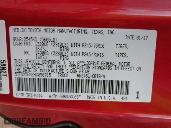 2017 Toyota Tacoma SR with VIN 5TFSX5EN2HX050715, listed as a IAAI auction lot 42509258 with 117,661 mi miles and . Bid and sale history available at DreamBid. Image 9.