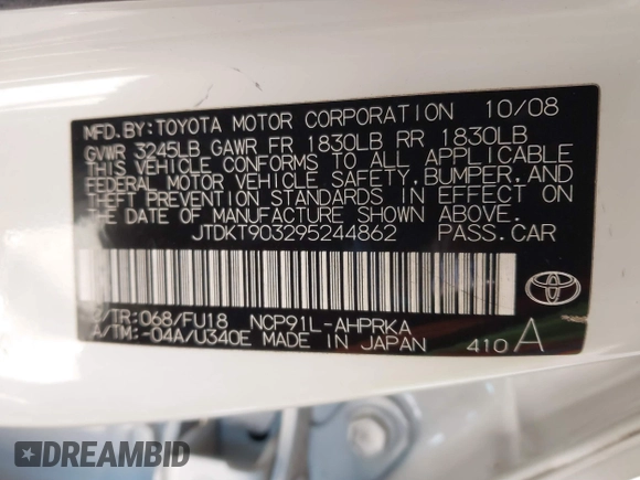 2009 Toyota Yaris with VIN JTDKT903295244862, listed as a IAAI auction lot 41616299 with 213,078 mi miles and . Bid and sale history available at DreamBid. Image 9.