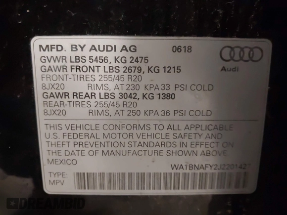 2018 Audi Q5 Premium Plus with VIN WA1BNAFY2J2201427, listed as a IAAI auction lot 42009685 with 75,465 mi miles. Bid and sale history available at carsss.com. Image 9.