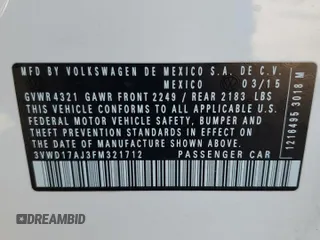 2015 Volkswagen Jetta SE с VIN 3VWD17AJ3FM321712, выставлен на аукционе Copart как лот 60566405 с пробегом 90 386 миль миль и Списание • Salvage title. История ставок и продаж доступна на DreamBid. Изображение 13.