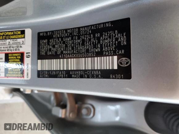 2025 Toyota Camry LE with VIN 4T1DAACKXSU503852, listed as a Copart auction lot 50098065 with 12,003 mi miles and Salvage Title. Bid and sale history available at DreamBid. Image 12.