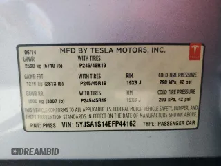 2014 Tesla Model S 60 with VIN 5YJSA1S14EFP44162, listed as a Copart auction lot 52943025 with Not Provided miles and Salvage Title. Bid and sale history available at DreamBid. Image 12.