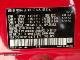 2016 Honda HR-V EX with VIN 3CZRU5H51GM731871, listed as a Copart auction lot 50273105 with 0 mi miles and Salvage Title. Bid and sale history available at carsss.com. Image 12.
