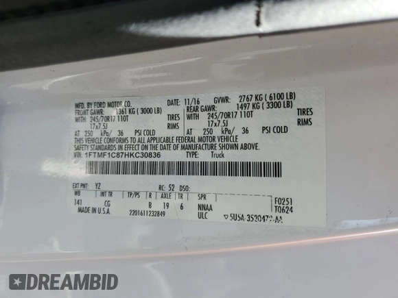 2017 Ford F-150 XL с VIN 1FTMF1C87HKC30836, выставлен на аукционе Copart как лот 54788285 с пробегом Не указан миль и Списание • Salvage title. История ставок и продаж доступна на DreamBid. Изображение 12.