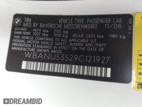2009 BMW 5 Series 528i with VIN WBANU53529C121927, listed as a IAAI auction lot 42063066 with 195,322 mi miles and . Bid and sale history available at carsss.com. Image 9.