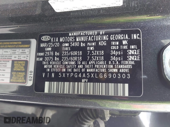 2020 Kia Sorento S z VIN 5XYPG4A5XLG690303, wystawiony jako IAAI lot #42070603 z przebiegiem 55 434 mil mil oraz . Historia ofert i sprzedaży dostępna na DreamBid. Obrazek 9.