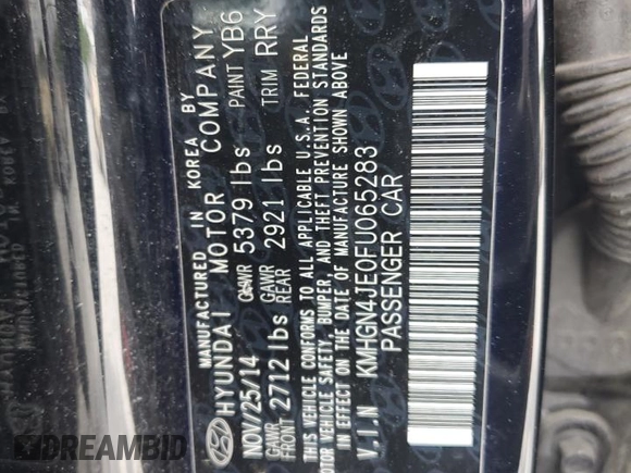 2015 Hyundai Genesis 3.8L with VIN KMHGN4JE0FU065283, listed as a Copart auction lot 52415264 with 120,292 mi miles and Salvage Title. Bid and sale history available at carsss.com. Image 14.