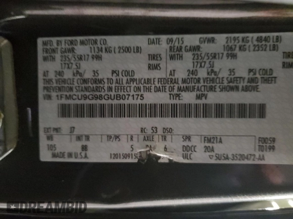 2016 Ford Escape SE z VIN 1FMCU9G98GUB07175, wystawiony jako Copart lot #44966825 z przebiegiem 118 727 mil mil oraz Szkoda całkowita • Salvage title. Historia ofert i sprzedaży dostępna na DreamBid. Obrazek 15.