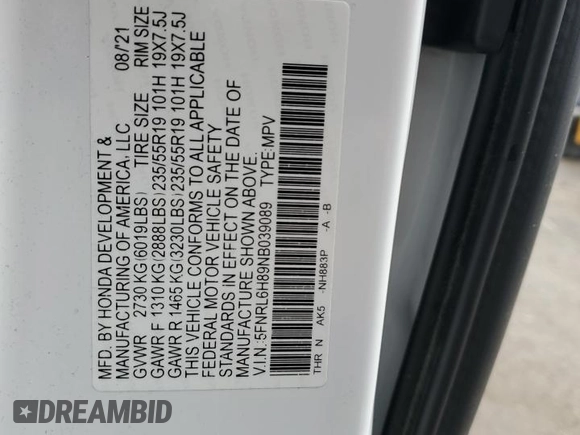 2022 Honda Odyssey Touring z VIN 5FNRL6H89NB039089, wystawiony jako Copart lot #81227004 z przebiegiem 50 881 mil mil oraz Szkoda całkowita • Salvage title. Historia ofert i sprzedaży dostępna na DreamBid. Obrazek 14.