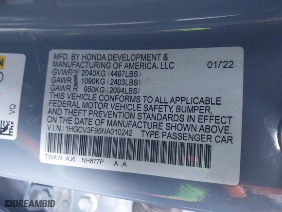 2022 Honda Accord Hybrid Touring with VIN 1HGCV3F95NA010242, listed as a IAAI auction lot 41497192 with 52,361 mi miles. Bid and sale history available at carsss.com. Image 9.