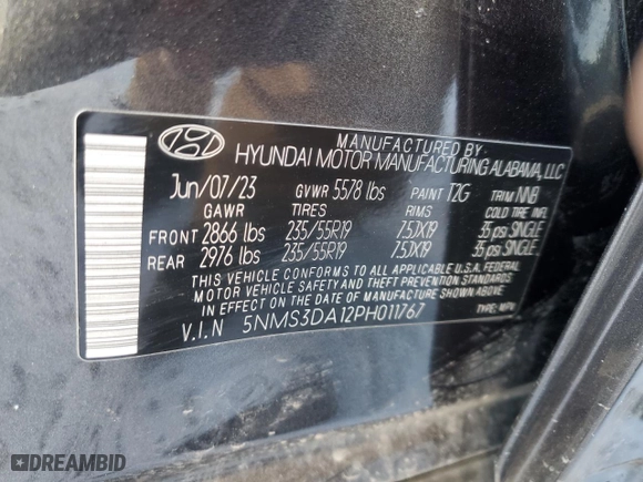 2023 Hyundai Santa Fe Hybrid SEL Premium with VIN 5NMS3DA12PH011767, listed as a Copart auction lot 87687235 with NaN miles and Salvage Title. Bid and sale history available at carsss.com. Image 12.
