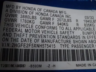2022 Honda Civic Sedan Sport with VIN 2HGFE2F5XNH575415, listed as a IAAI auction lot 41227443 with 37,344 mi miles. Bid and sale history available at carsss.com. Image 9.