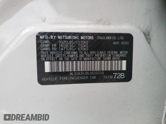 2020 Mitsubishi Mirage ES z VIN ML32A3HJ6LH010710, wystawiony jako Copart lot #53871695 z przebiegiem 61 487 mil mil oraz Szkoda całkowita • Salvage title. Historia ofert i sprzedaży dostępna na DreamBid. Obrazek 14.