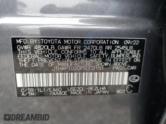 2023 Lexus IS with VIN JTHAP1D20P5002151, listed as a Copart auction lot 85615874 with 36,612 mi miles and Salvage Title. Bid and sale history available at carsss.com. Image 12.