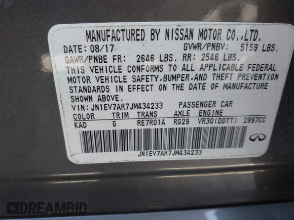 2018 Infiniti Q50 3.0t Luxe with VIN JN1EV7AR7JM434233, listed as a IAAI auction lot 41850208 with 75,610 mi miles. Bid and sale history available at carsss.com. Image 9.