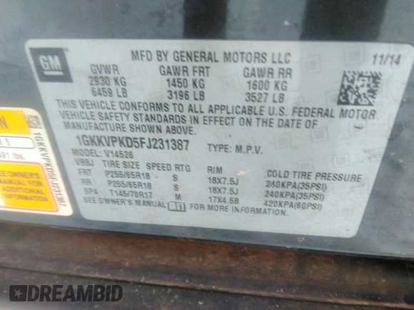 2015 GMC Acadia SLE with VIN 1GKKVPKD5FJ231387, listed as a IAAI auction lot 39429708 with 1 mi miles. Bid and sale history available at carsss.com. Image 9.