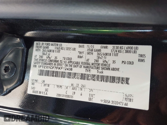 2015 Ford F-150 XL with VIN 1FTEX1CF7FKF12438, listed as a IAAI auction lot 41993076 with 141,785 mi miles and . Bid and sale history available at DreamBid. Image 9.