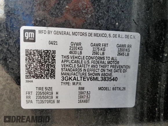2021 GMC Terrain SLE with VIN 3GKALTEV6ML383540, listed as a Copart auction lot 57163085 with 47,280 mi miles and Salvage title. Bid and sale history available at DreamBid. Image 13.