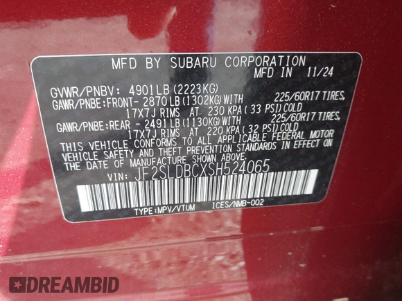 2025 Subaru Forester Premium with VIN JF2SLDBCXSH524065, listed as a IAAI auction lot 42329720 with 2,875 mi miles and . Bid and sale history available at DreamBid. Image 9.