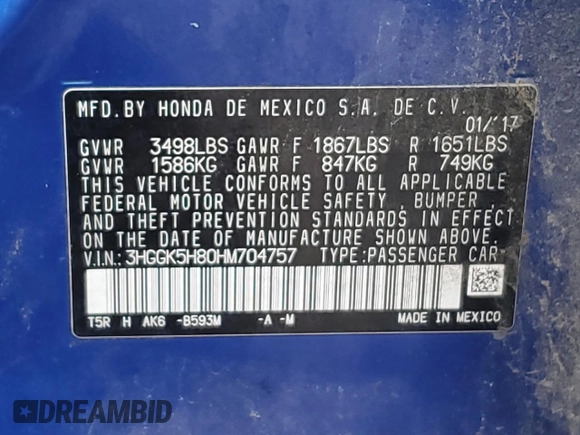 2017 Honda Fit EX-L with VIN 3HGGK5H80HM704757, listed as a Copart auction lot 80079734 with 53,397 mi miles and Salvage Title. Bid and sale history available at DreamBid. Image 12.