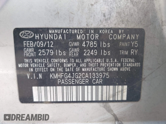 2012 Hyundai Azera с VIN KMHFG4JG2CA133975, выставлен на аукционе IAAI как лот 42612537 с пробегом 192 922 миль миль и . История ставок и продаж доступна на DreamBid. Изображение 9.