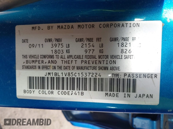 2012 Mazda Mazda3 i Touring with VIN JM1BL1V85C1537224, listed as a IAAI auction lot 41588360 with 186,814 mi miles. Bid and sale history available at carsss.com. Image 9.