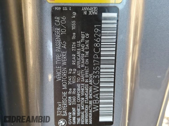 2007 BMW 3 Series 328xi with VIN WBAWC33517PC86291, listed as a Copart auction lot 86404614 with Not Provided miles and Salvage Title. Bid and sale history available at DreamBid. Image 13.