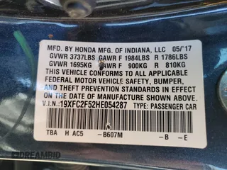 2017 Honda Civic LX z VIN 19XFC2F52HE054287, wystawiony jako Copart lot #46635745 z przebiegiem 67 424 mil mil oraz Nie do naprawy • Non repairable. Historia ofert i sprzedaży dostępna na DreamBid. Obrazek 12.