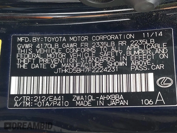 2015 Lexus CT 200h z VIN JTHKD5BH7F2224231, wystawiony jako IAAI lot #42129353 z przebiegiem 148 740 mil mil oraz . Historia ofert i sprzedaży dostępna na DreamBid. Obrazek 9.