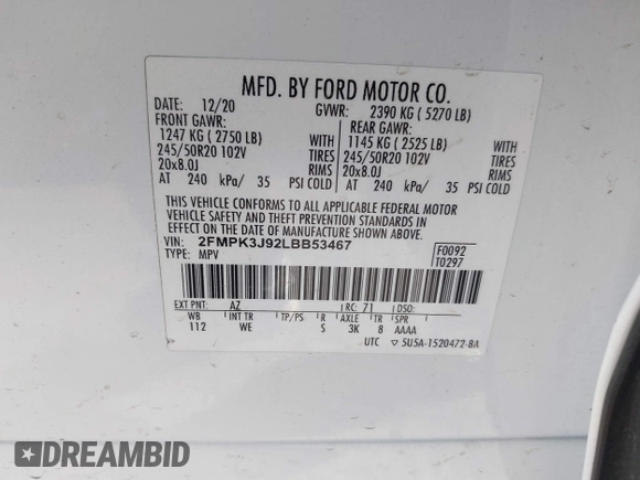 2020 Ford Edge SEL z VIN 2FMPK3J92LBB53467, wystawiony jako IAAI lot #41241115 z przebiegiem 58 183 mil mil oraz . Historia ofert i sprzedaży dostępna na DreamBid. Obrazek 9.