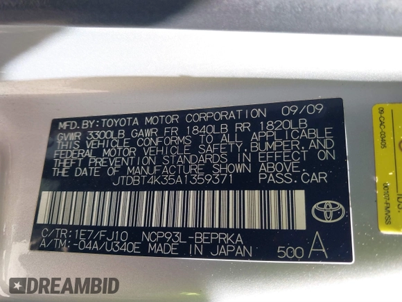 2010 Toyota Yaris with VIN JTDBT4K35A1359371, listed as a IAAI auction lot 41870593 with 207,616 mi miles. Bid and sale history available at carsss.com. Image 9.