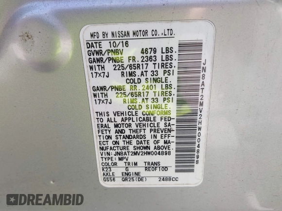 2017 Nissan Rogue S with VIN JN8AT2MV2HW004898, listed as a IAAI auction lot 42651513 with 160,999 mi miles and . Bid and sale history available at DreamBid. Image 9.