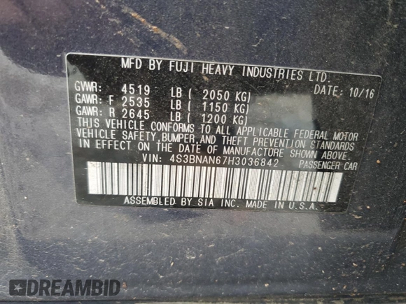 2017 Subaru Legacy Limited with VIN 4S3BNAN67H3036842, listed as a Copart auction lot 54734655 with 104,923 mi miles and Salvage title. Bid and sale history available at DreamBid. Image 13.