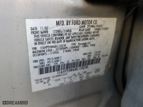 2008 Ford Taurus SEL with VIN 1FAHP24W68G150230, listed as a Copart auction lot 49109095 with 0 mi miles and Non Repairable. Bid and sale history available at carsss.com. Image 13.